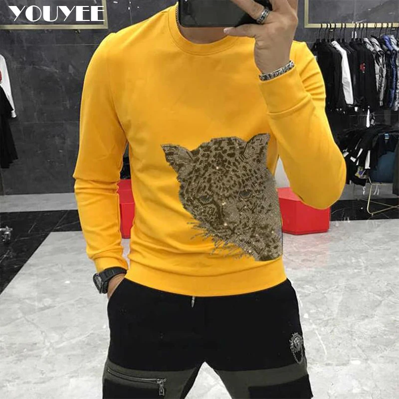 

New Men Pullover Hoodies Personalized Leopard Pattern Rhinestone O-Neck Sweater Plush Winter Fashion Multicolor Men’s Clothing