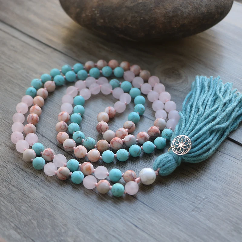 Long Frosted Natural Stone Yoga Mala Necklace, Women Meditation Rose-quartz & Turquois-e Lotus Charm Necklace,Boho Chic Necklace