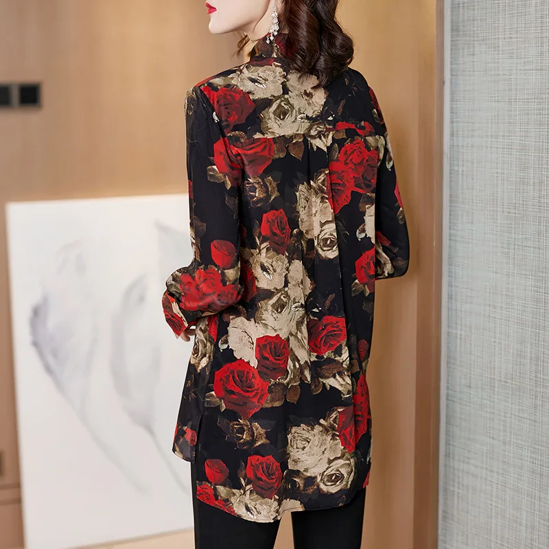 Real Silk Shirts Womens Tops and Blouses Long Sleeve Blouse Spring Autumn Print Vintage Blusas Mujer De Moda 2020 F1010 YY2596