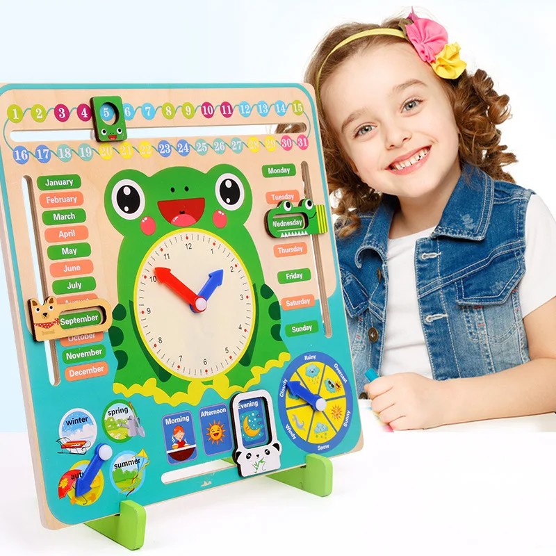 Wooden Frog Wooden Calendar Montessori Toys Baby Weather Season Clock Time Cognition Preschool Education Teaching Kids Toys Gift