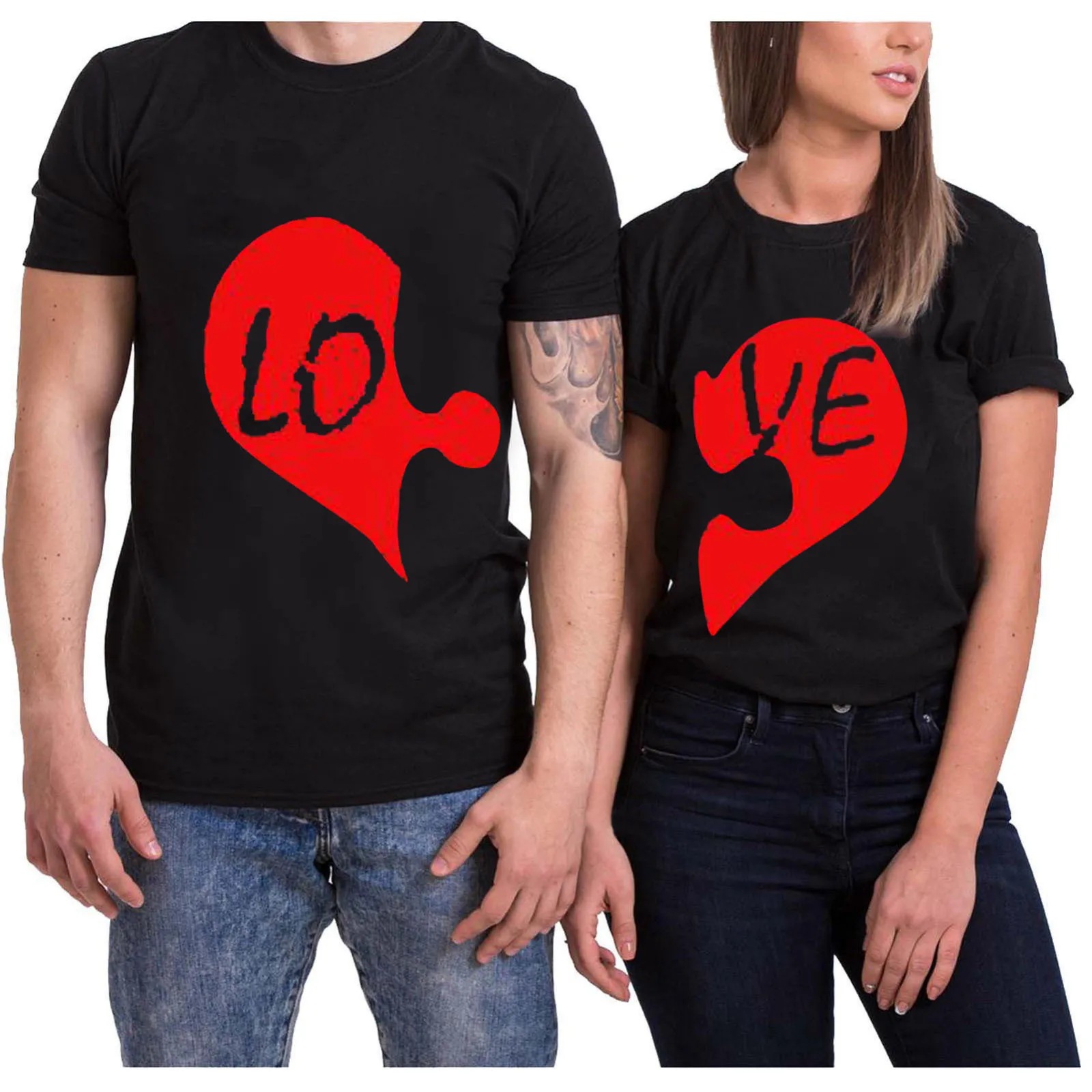 

King Queen Couples T Shirt Love Jigsaw Print Couple Tshirt Summer Fashion Woman T-shirt Casual O-Neck Tops Lovers Tee Shirt