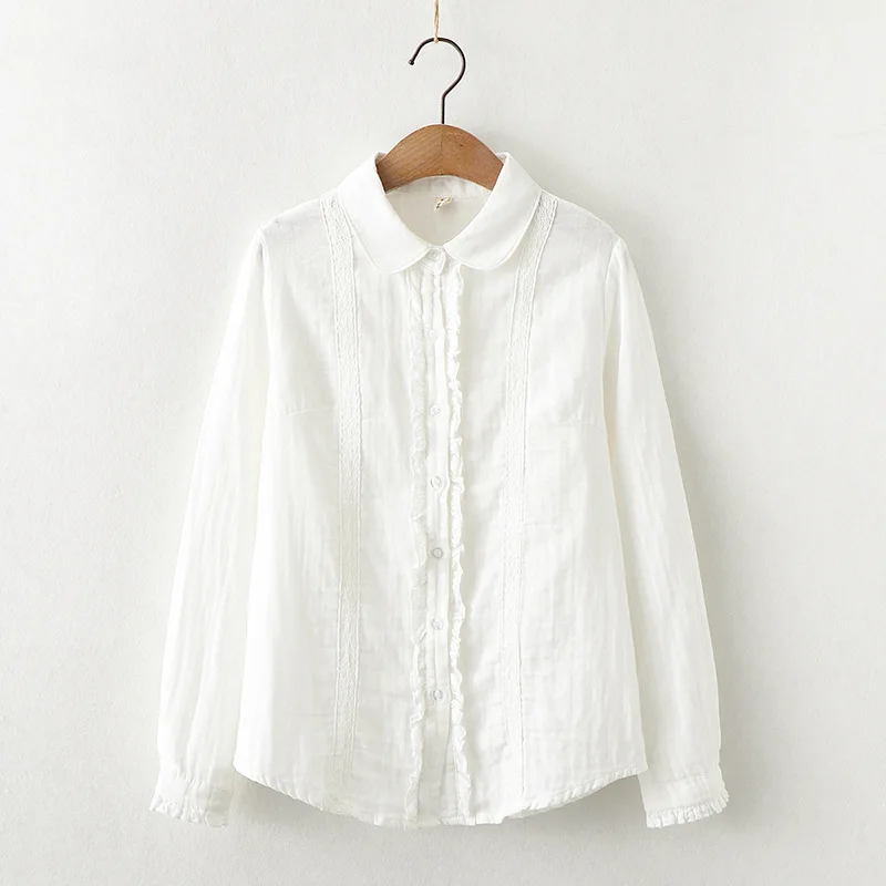 Autumn New Women Embroidery Cotton Lace White Shirt Full Sleeve Turn Down Collar Ruched Casual Blouse Spring Office Lady Tops