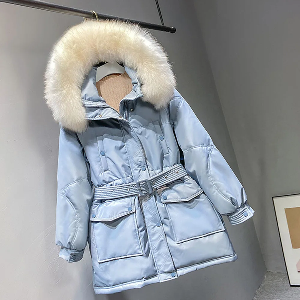 2021 New Large Real Fox Fur Winter Puffer Down Jacket Women 90% White Duck Down Coat Female Hooded Warm Belt Parkas