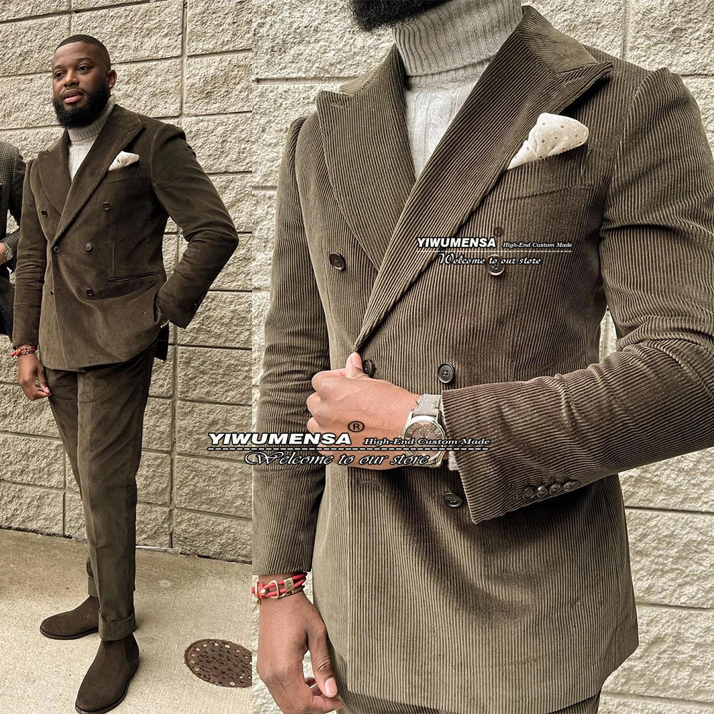 

Brown Men Suits Corduroy Double Breasted Jacket With Pants 2 Pieces Formal Business Blazer Custom Made Trajes De Hombre Clothing