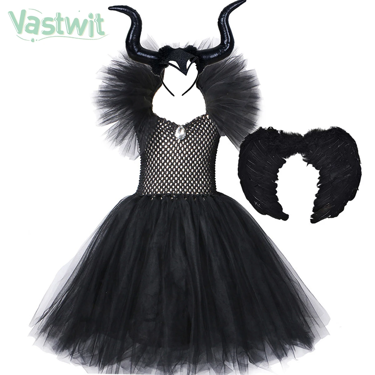 

Kid Girl Vampire Witch Cosplay Costume Mesh Tutu Dress with Hair Hoop Wings Set Halloween Carnival Children Devil Dress Up