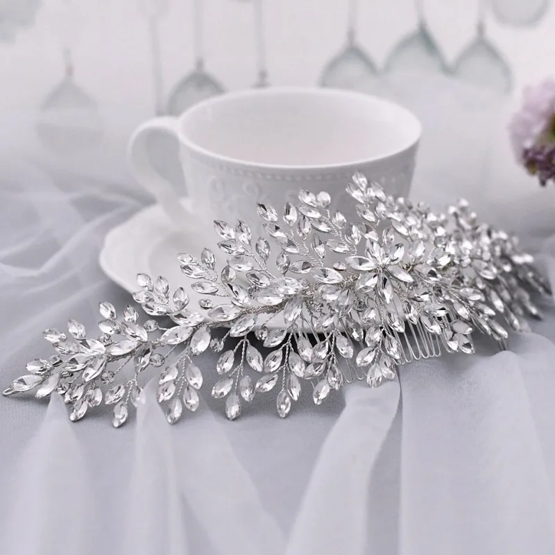 Shine Rhinestone มงกุฎแต่งงานเจ้าสาวผมหวีอุปกรณ์เสริม Silver สี Handmade ผู้หญิงเครื่องประดับเครื่องประดับ