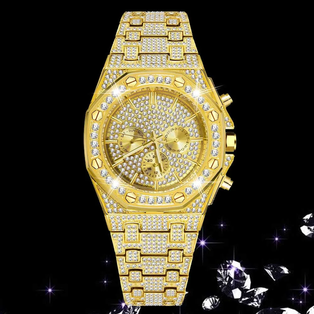 18K Gold Watch Men Luxury Brand Around Bling Diamond Mens Watches Waterproof Stainless Steel Hip Hop Quartz Wristwatches Relogio