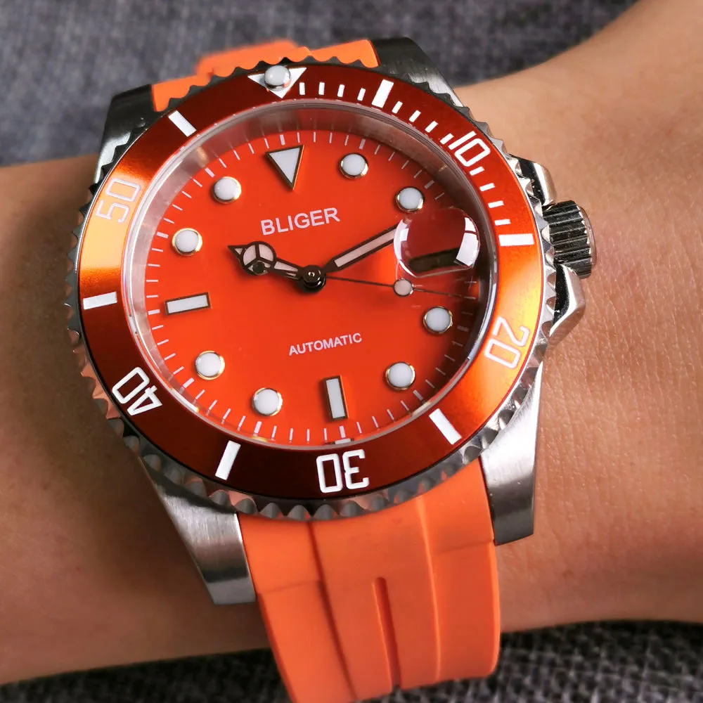 

Bliger Orange Sapphire Men's Watch NH35 Automatic Movement Date Cyclops Rubber Strap Aluminum Bezel Insert Lume Hands