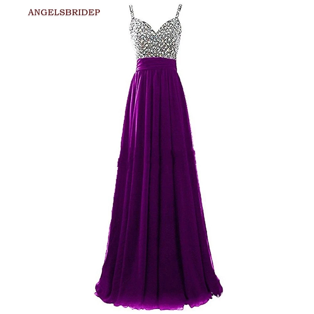 ANGELSBRIDEP Spaghetti-trägern Lange Abendkleid Party Kleider Chiffon Kristall Bodenlangen Vestidos De Festa Formale Prom Kleider