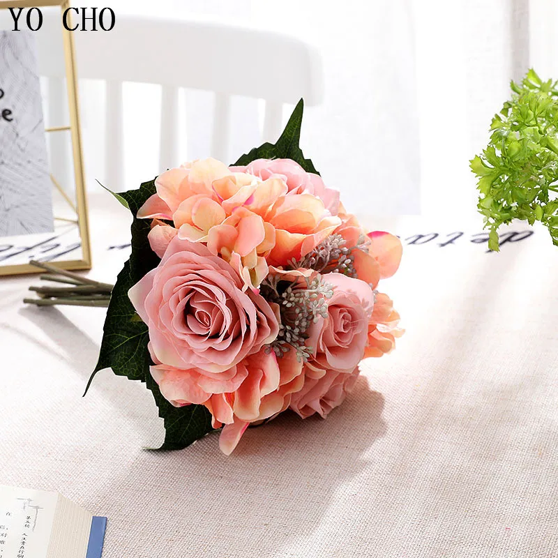 Yo cho buquê de casamento, flor artificial de seda com rosas, damas de honra, casamento em casa, acessório de casamento borgonha