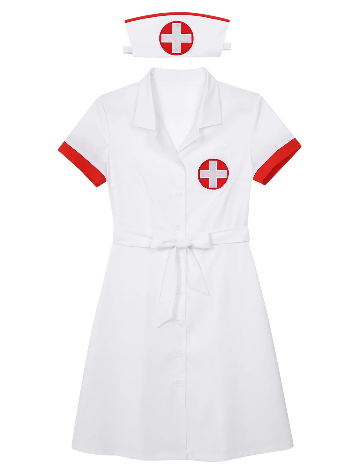 Womens Nurse Fancy Dress Halloween Cosplay Kostuum Outfit Revers Kraag Korte Mouwen Button Down Uniform Jurk Met Riem En Hoed