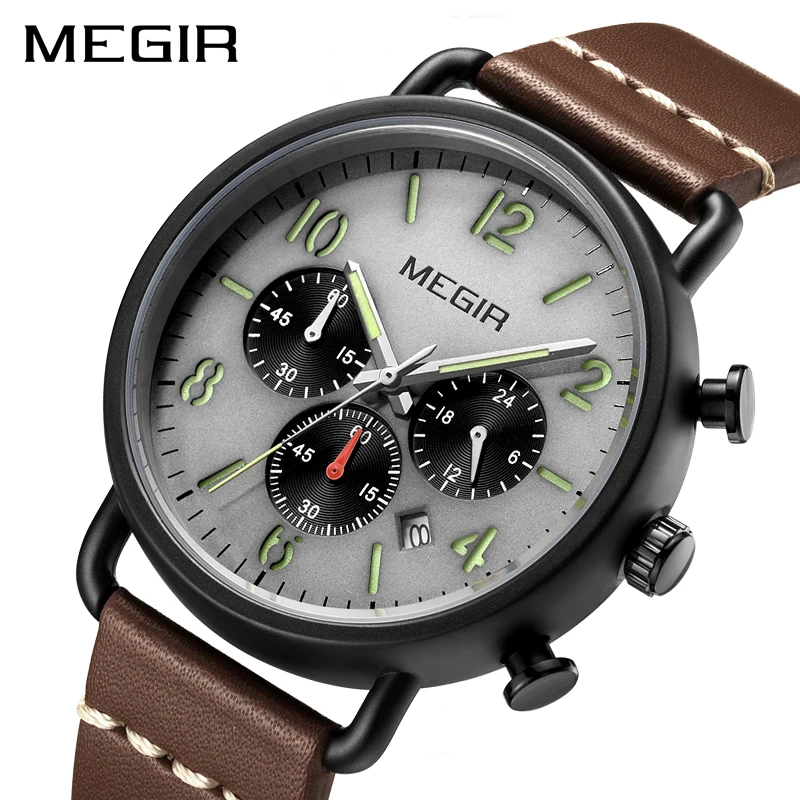 

MEGIR Top Brand Original Men Chronograph Luminous Hands Sports Men's Quartz WristWatch Male Leather Strap Waterproof Date Clock