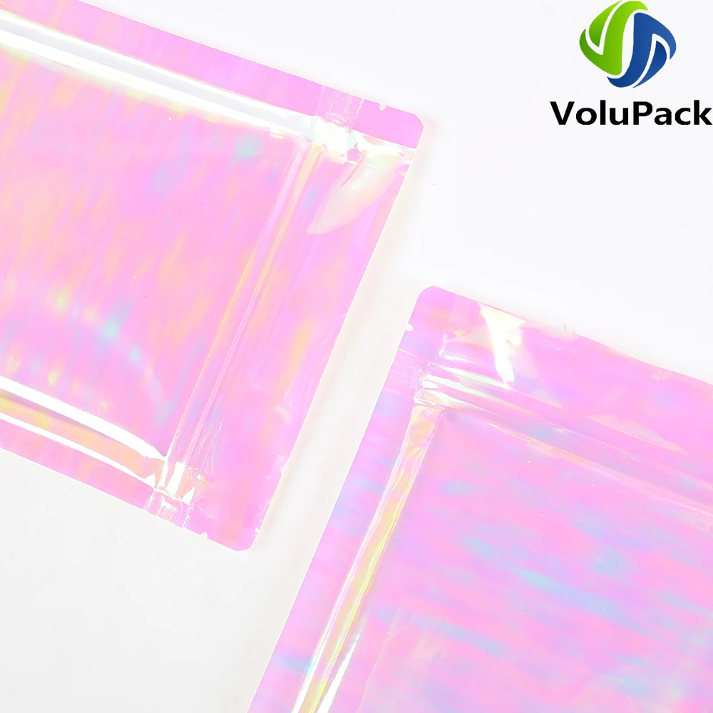 Eco Recyclable Plastic Packaging Bags, Holographic Pink Zip Lock Pouches, Smell Proof, Mylar, Living Room Organizer Bags