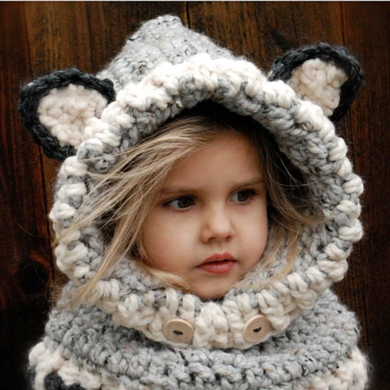 Winter Kids Fox Ears Handmade Beanie Hat Scarf Sets for 1~10 Year Old Children Girls Scarves Free Shipping