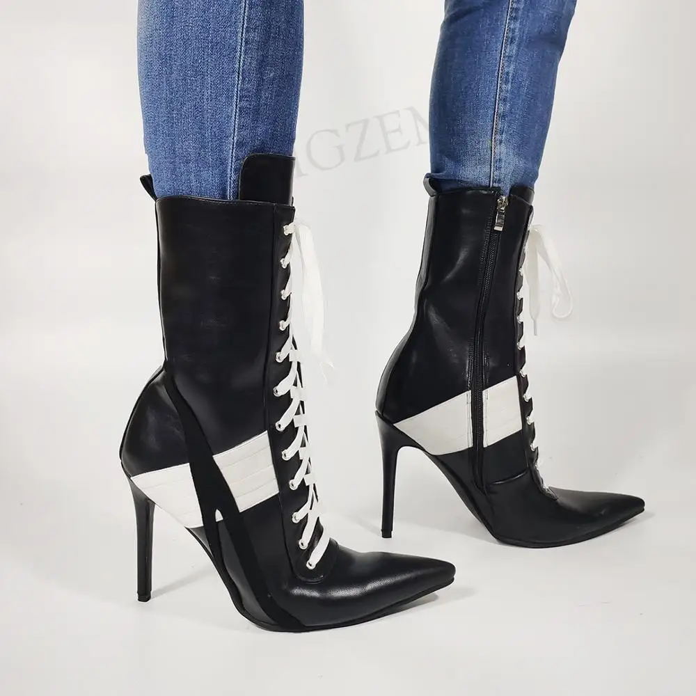 SEIIHEM Women Ankle Boots Side Zip Stiletto High Heels Short Boots Lace Up Ladies Dress Shoes Woman Botas Large Size 41 42 44 47