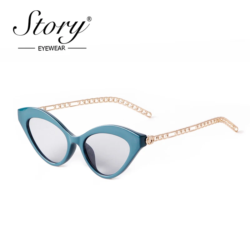 

STORY Vintage Fashion Cateye Sunglasses Women 2022 Luxury Brand Design Retro Blue Lens Sun Glasses Female Shades No Chain 20025D