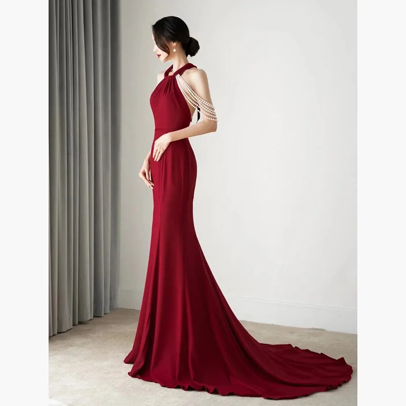 Vintage Wine Red Celebrity Dresses Halter Sleeveless Sexy Backless Pearl Slim Mermaid Female Banquet Trailing Party Evening Gown