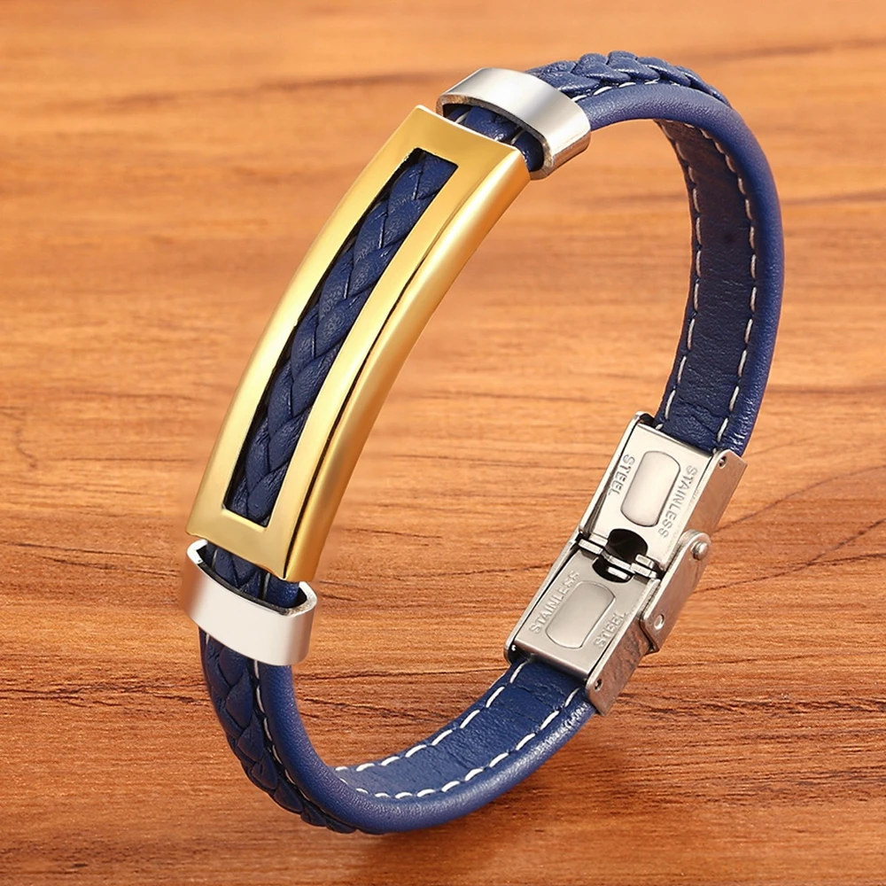 XQNI Stainless Steel Accessories Multi-color Rectangular Combination Blue Leather Classic Men's Bracelet Commemorative Gift