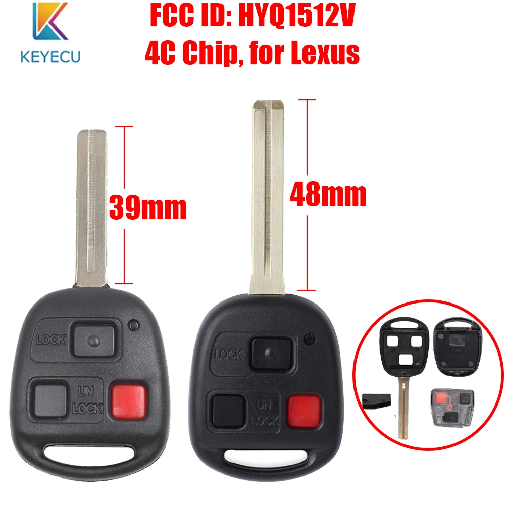 Keyecu 3 Buttons Smart Remote Car Key Fob 4C Chip Short 39mm / 48mm Blade for Lexus GX470 LX470 1998 1999 2000 FCC ID: HYQ1512V