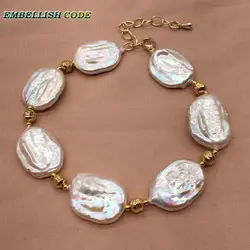 5cm Extended Chian White Flat Ellipse Shape Good Quality Shine Pearls With Golden Bead Bracelet Bangle Charm For Girl