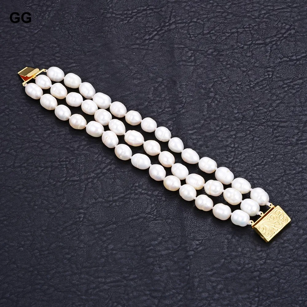 GuaiGuai Jewelry 3 Strands Natural 12MM White Rice Pearl Bracelet For Women