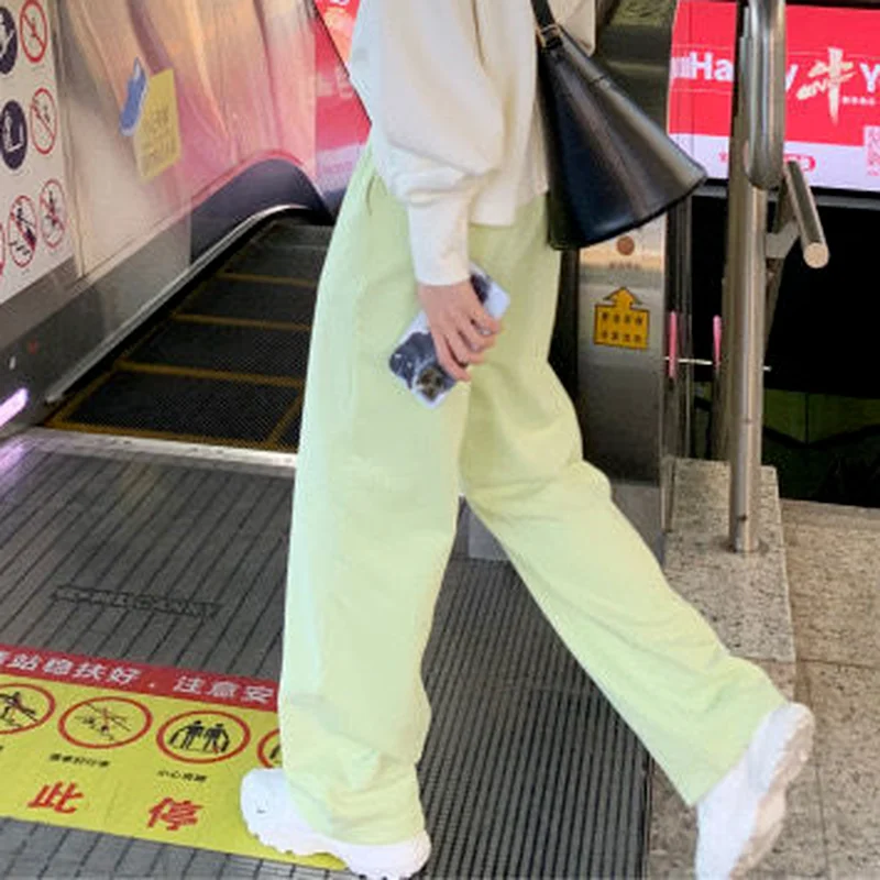 Casual Pants Women Newest Summer Trendy Preppy Girls Straight Trousers Harajuku Drawstring Solid Ankle-Length Green Lovely Lady