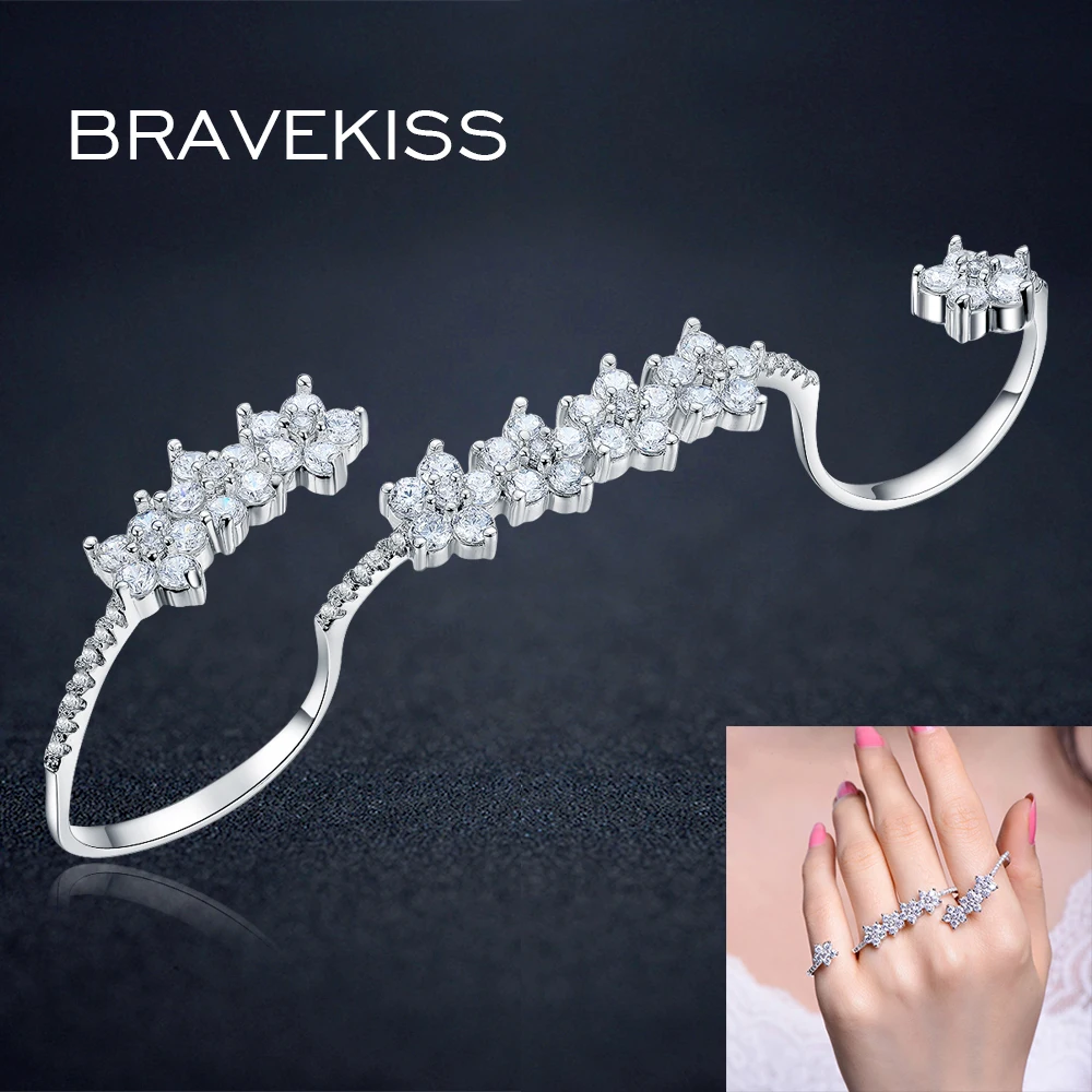 BRAVEKISS luxury crystal full finger rings for women zircon flower open rings adjustable four finger ring band anillos BUR0304