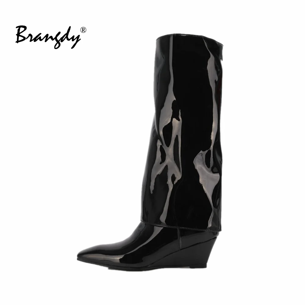 

Brangdy Morden Women Knee Hight Trouser Leg Boots PU Leather Women Shoes Pointed Toe Solid Women Spring Autumn Boots Wedges Zip