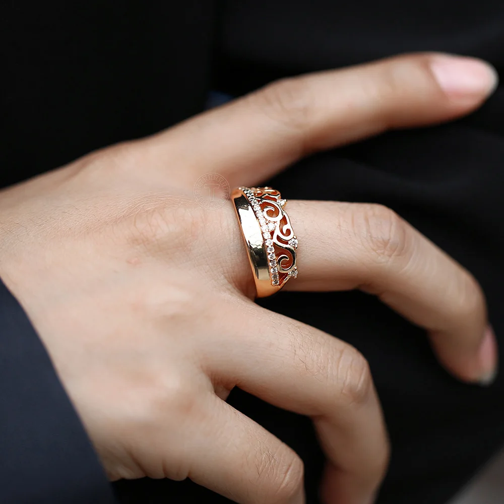 Weaving Patterned Band Ring 585 Rose Gold Color Clear CZ Princess Queen Crown Ring for Women Girls Wedding Party Jewelry GR63