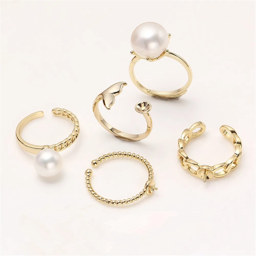 Pearl ring empty set domestic 14K gold opening ring simple fashion ring set zircon temperament handmade DIY accessories