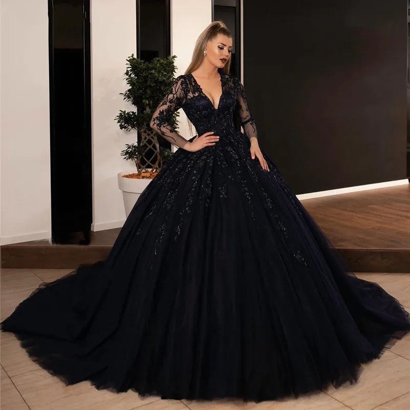 Gothic Black Long Sleeves Ball Gowns Wedding Dresses 2022 Sexy V Neck Backless Robe de mariee Lace Vintage for Bridal Women Wear