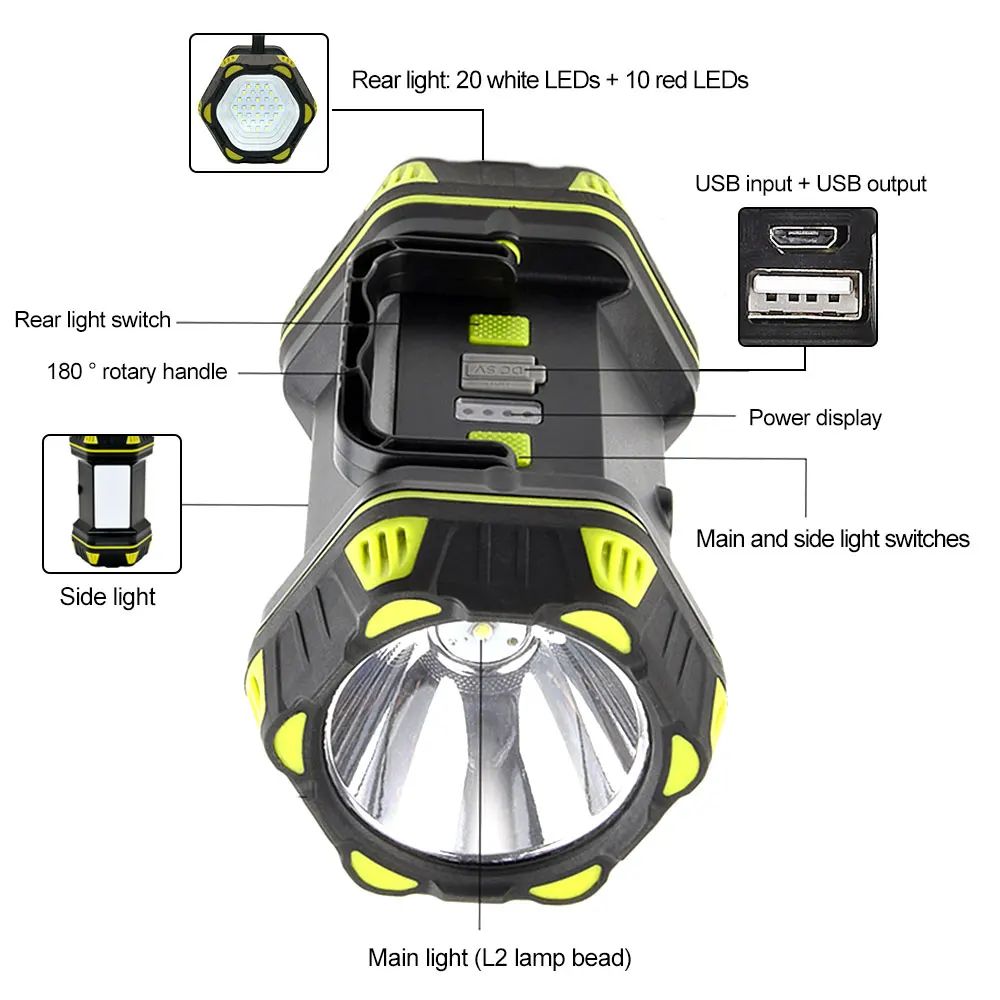 30W LED Portable Spotlight Rechargeable Outdoor Searchlight 8 Modes Waterproof LED Flashlight for Camping Night Fishing Working