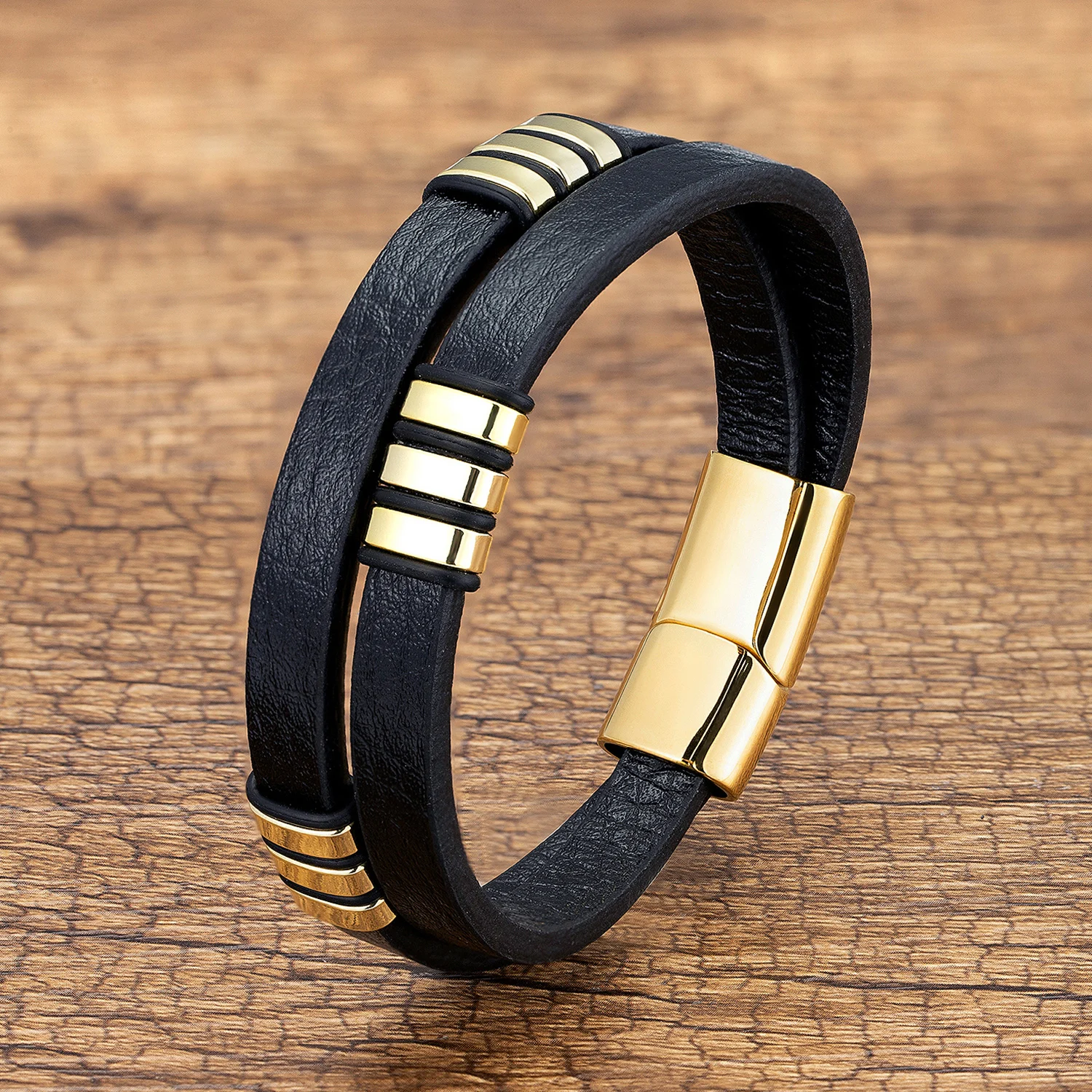 Black Genuine Leather Bracelet Trendy Stainless Steel Jewelry Accessories Multilayer Rope Chain Bangles Charm Men Bracelets Gift