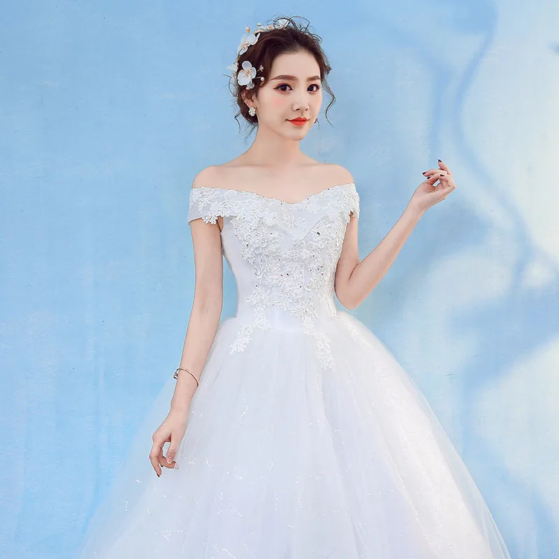 HMHS-43#Boat Neck Wedding Dress White Ball Gown Lace Up Cheap Wholesale Party Bridal Wear Customized Large Sizes From Factory