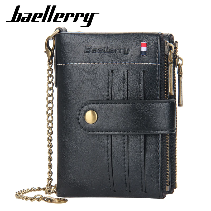 New Iron Chain Men's Short Wallet Hasp Retro Double Zipper Multi Card Holder PU Leather Purse For Male Dollar Money Bag