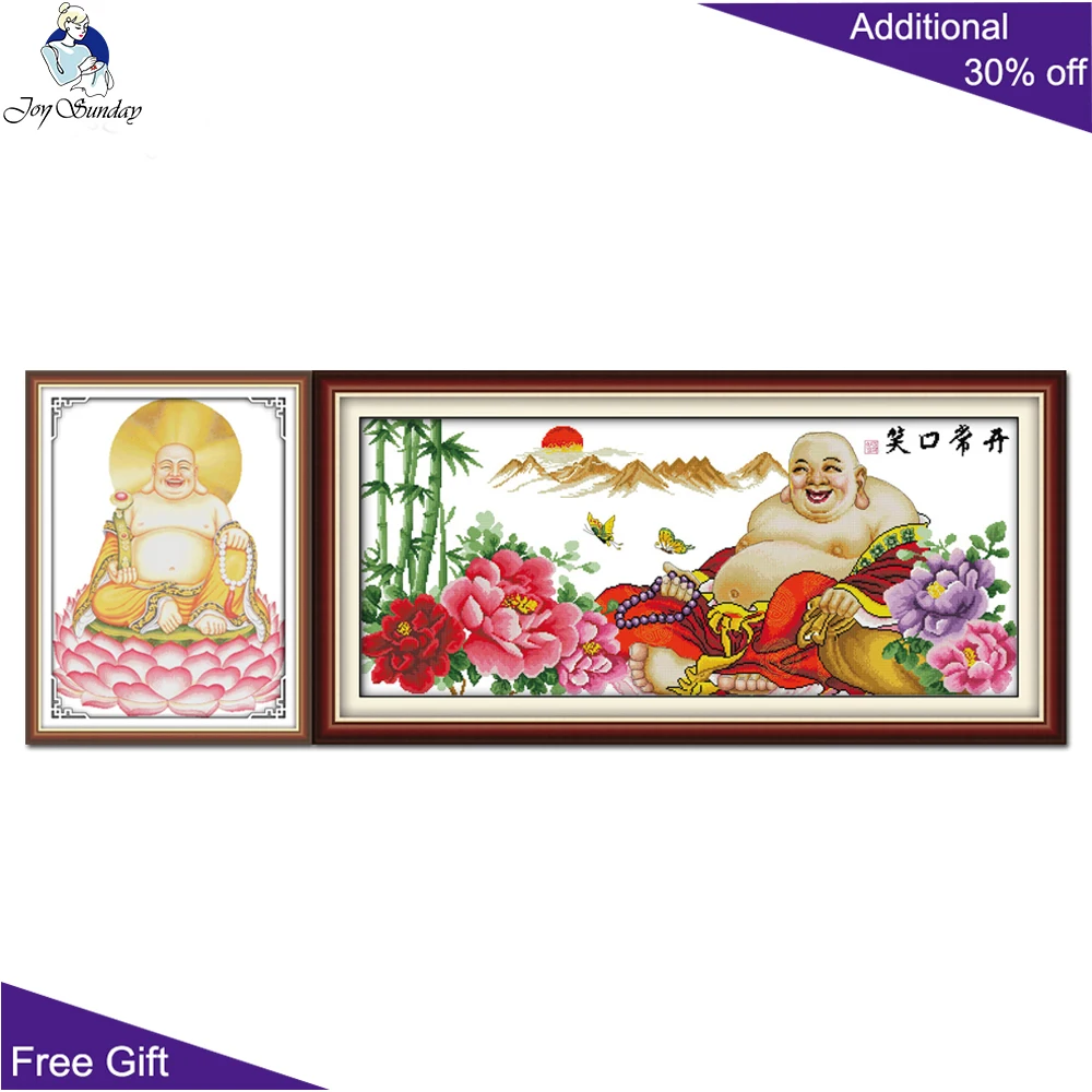 Joy Sunday-Buddha Home Decor, Maitreya Buddha Wealth Honur, Chinese Cross Stitch Kits, Grinning All the Time, R024(1) R024(2)