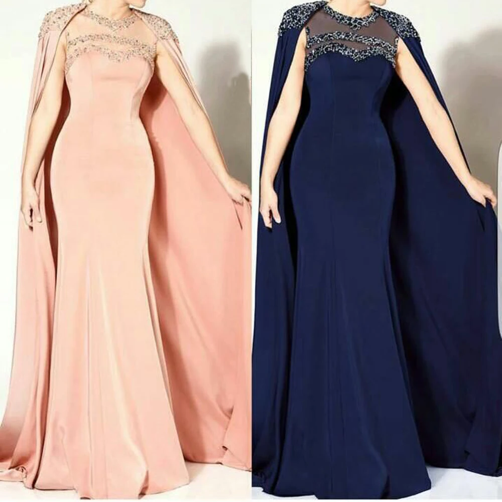 Mariage-vestidos de noche para madre de la novia, Vintage, con cuello redondo, con cuentas, diseño de sirena sin mangas, con capa