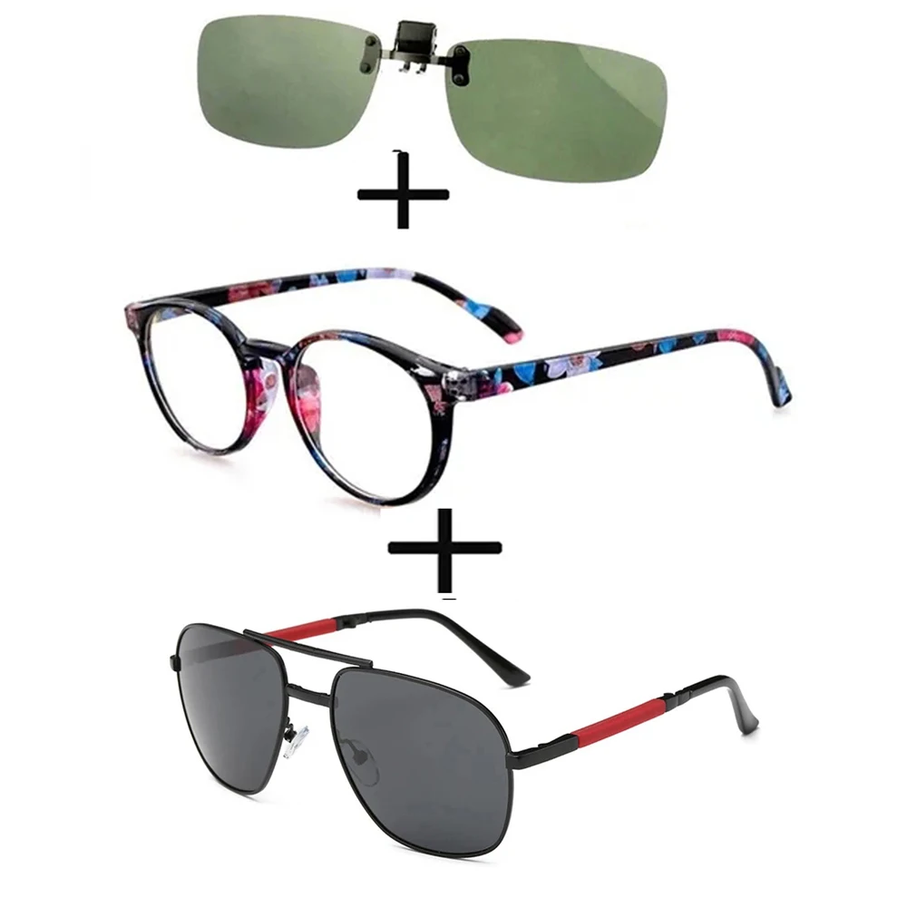 

3Pcs!!! Retro Round Light Reading Glasses Men Women + Polarized Sunglasses Double Bridge Foldable Ultralight+ Sunglasses Clip