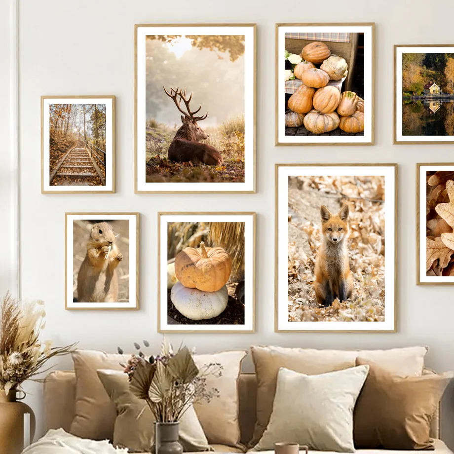 

Autumn Forest Deer Fox Pumpkin Lake Reflection Canvas Wall Art Modern Nordic Poster Print Living Room Decor Mural Painting