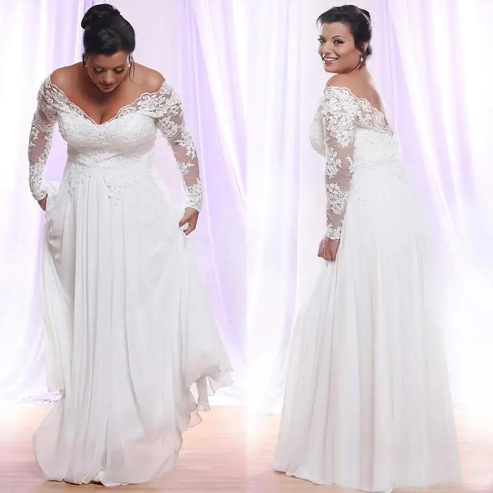 

Long Sleeves Lace Plus Size Wedding Gowns V Neck Zipper Sexy Back Wedding Dresses Cheap Chiffon Bride Dress