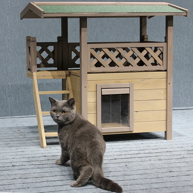 Cat Nest Outdoor Waterproof Solid Wood Cat House Anti-Corrosion Sunscreen Small Dog Teddy Four Seasons Washable Cat House