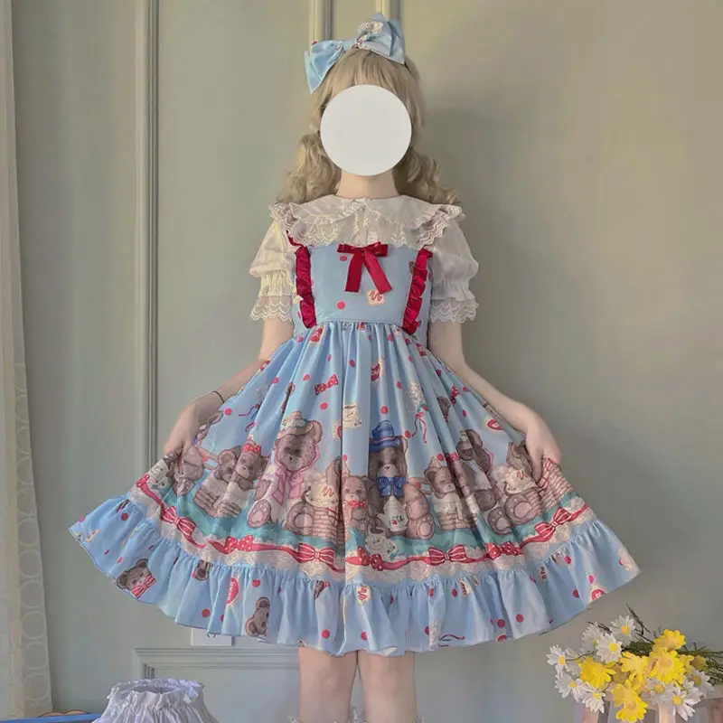 Lolita – robe en dentelle Jsk pour fille, tenue victorienne, taille haute, imprimé ours, mignon Kawaii, Cosplay Cos