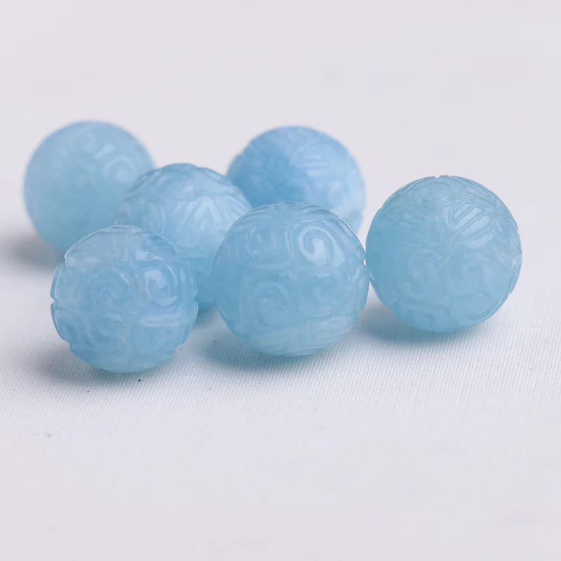 one piece loose beads carved round BLUE AQUAMARINE  for making jewelry necklace FPPJ wholesale