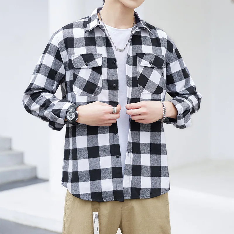 Shirt Men's Casual Korean Version Simplicity Youth Plaid Long Sleeve Square Collar All-match Harajuku Popular Fashion Loosen