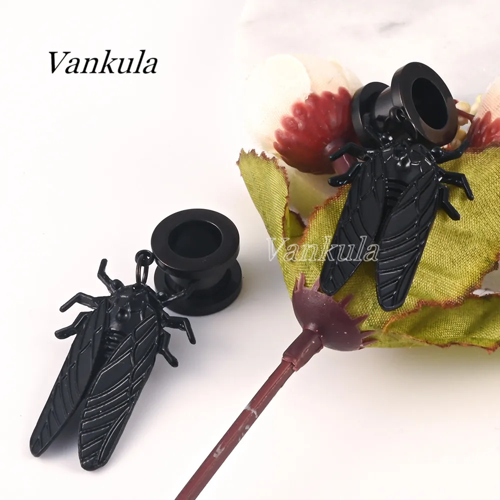 Vankula 2PCS Stainless Steel Black Ear Plugs Tunnels Dangle Earrings Ear Gauges Expander Hanger Trendy Gift For Woman