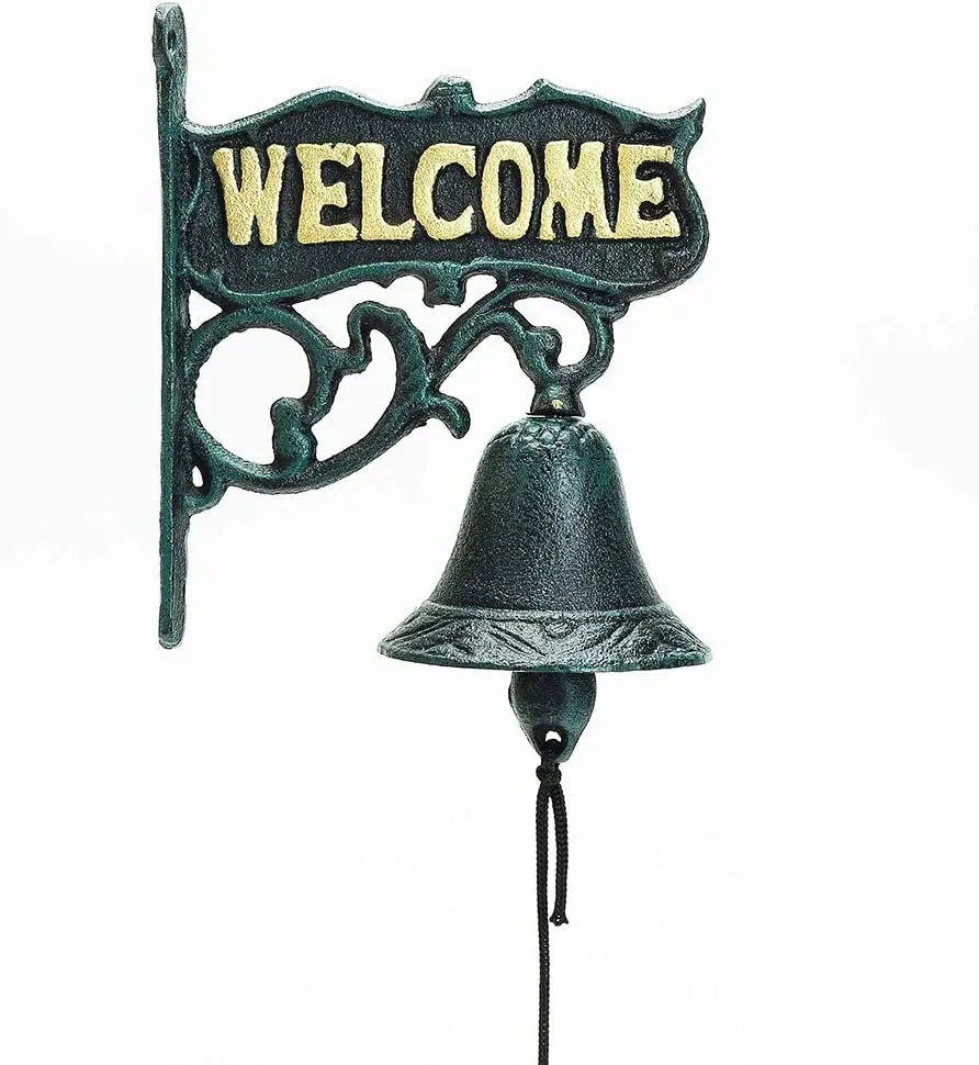 Heavy Duty Cast Iron Wall Hanging Bell Welcome Sign - Decorative Vintage Green Flower Vine Manually Shaking Doorbell