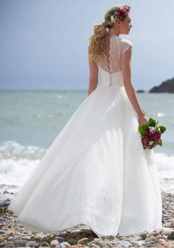 Robe de mariée en dentelle blanche, ligne a, col haut, manches cape, longue, sur mesure, bon marché