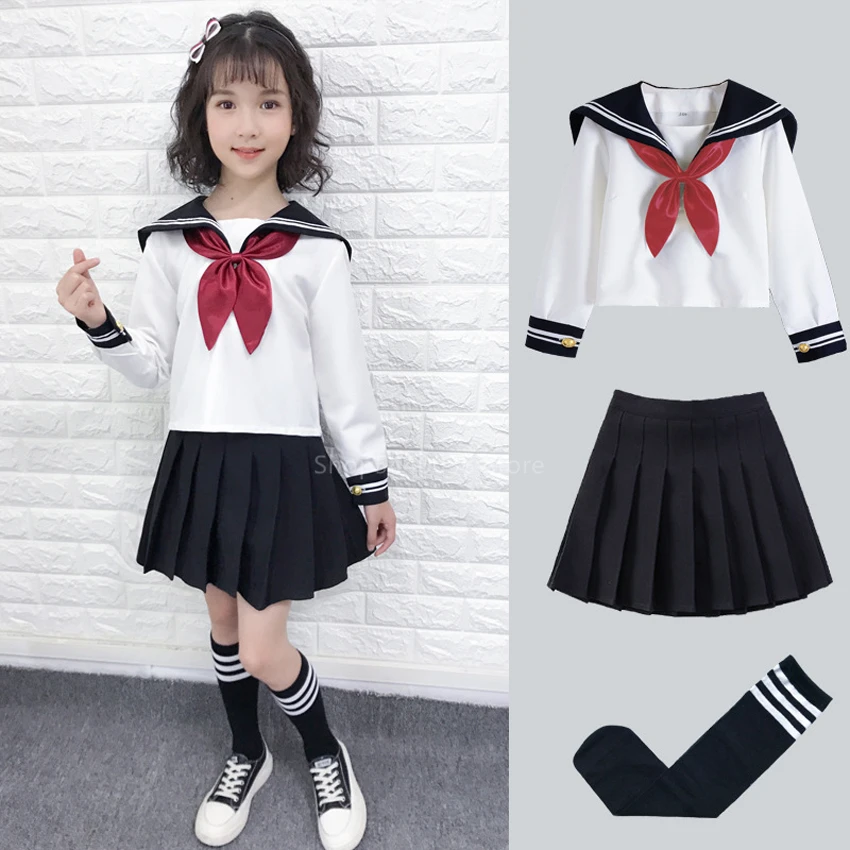 Kid School Uniform JK Sailor Dress 4 szt. Dziewczyna japońska koreańska prawosławna plisowana spódnica granatowa do noszenia jako długie lub krótkie rękawy Kawaii garnitur Anime COS