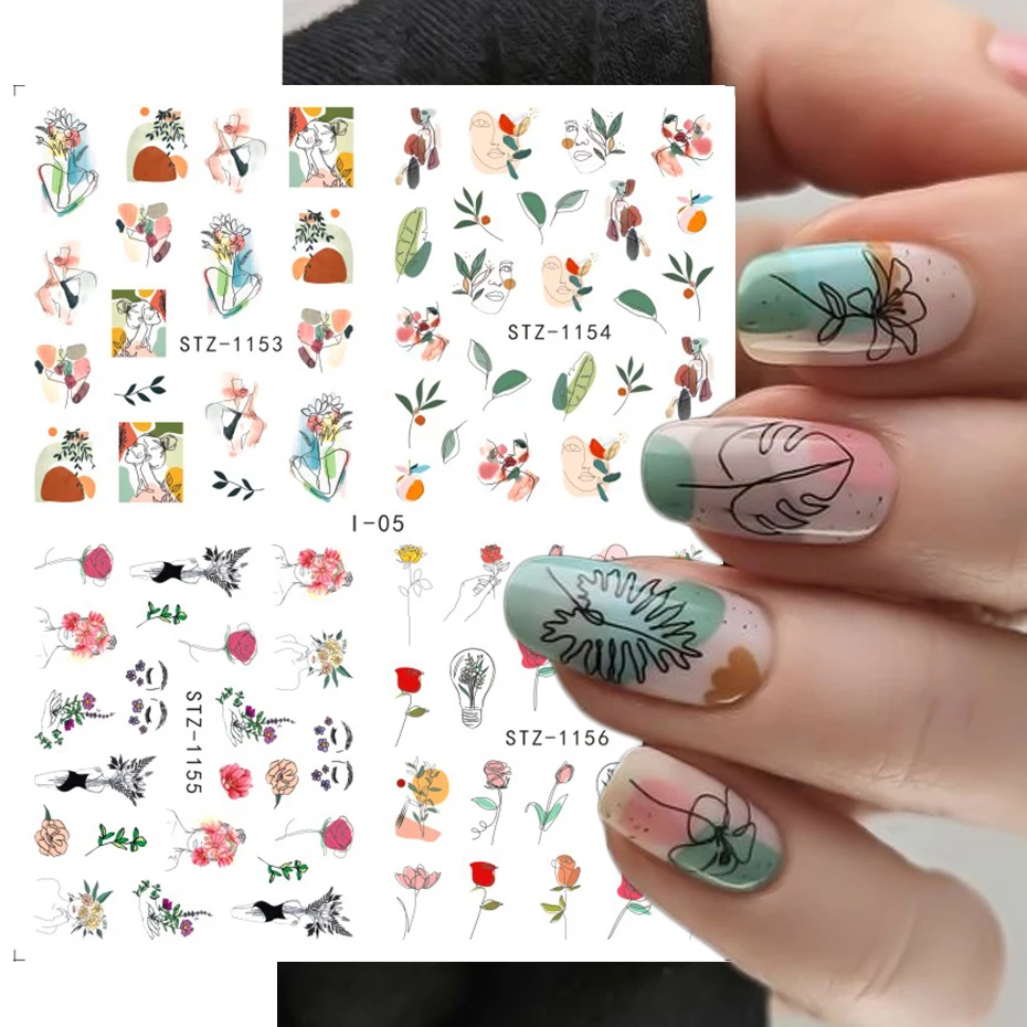 Summer Leaves Nails Water Stickers Abstract Face Tropical Foliage Sliders Nail Charms Colorful Floral Decoration Decals NLI01-19