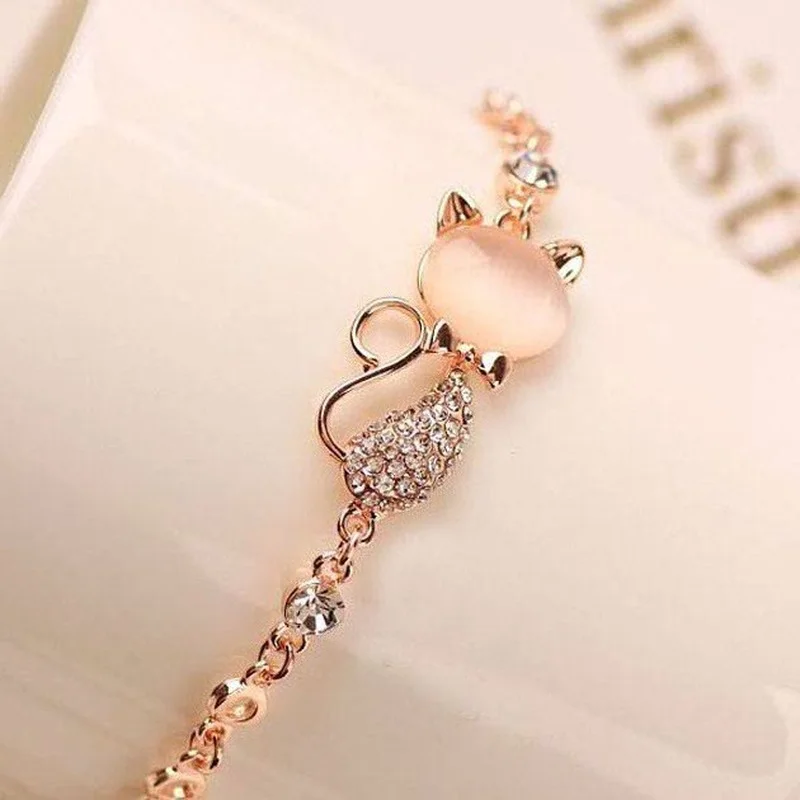 2021 Trend Rose Gold Alloy Cute Cat Bracelet Female Lady Child Girl Gift Jewelry Charm Opal Rhinestone Bracelet Cat Bracelet New